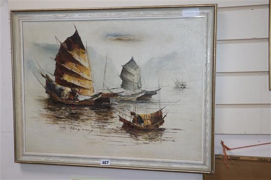 Tong Wong, two oils on canvas, Studies of junks at sea, 44 x 59cm, and a Chinese painting on silk